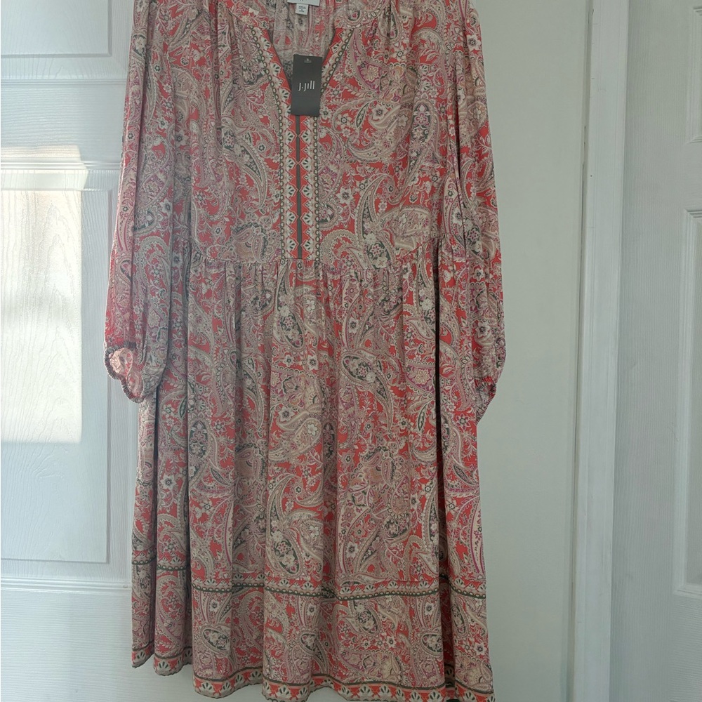 J. Jill Coral and Cream Paisley Long-Sleeve Tunic Dress